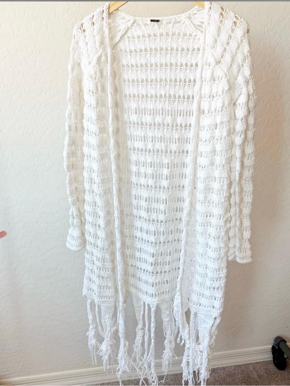 free people white fringe beachy open knit cardigan